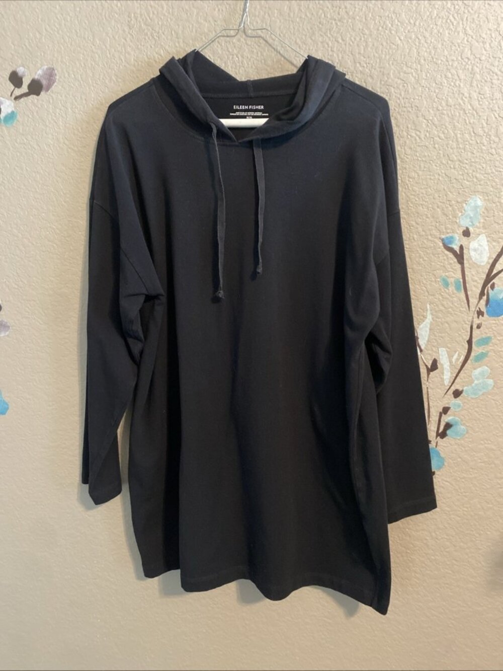 Eileen Fisher Black Cotton Spandex Longline Hoodie M Minimalist Luxury